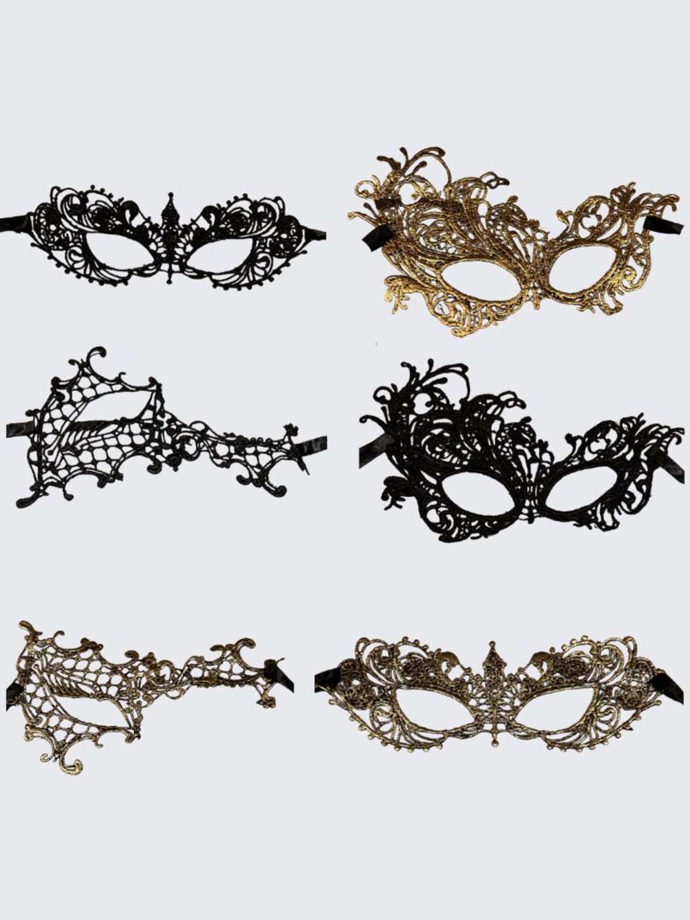 Cindeer 6 Pcs Masquerade Mask Set Black Gold Lace Tie